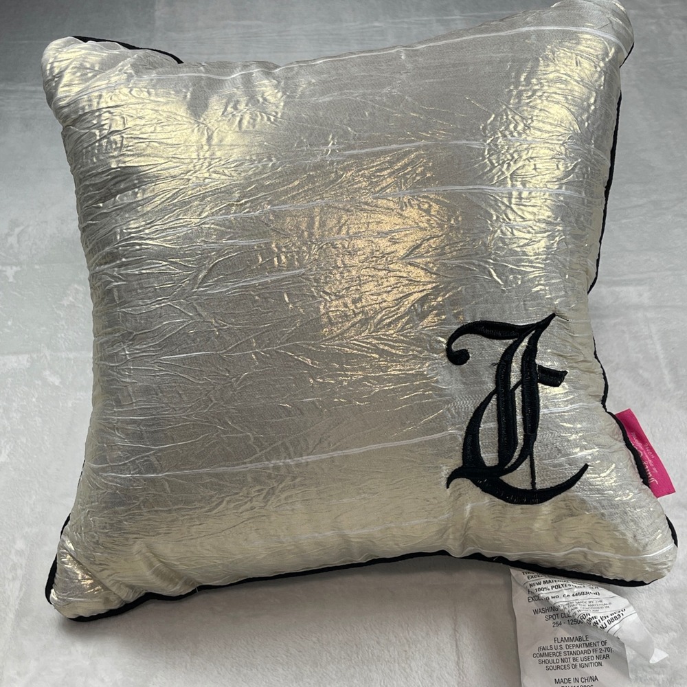 Juicy Couture Home Metallic Silver Crinkle Throw Pillow JC Logo Black Trim 16x16